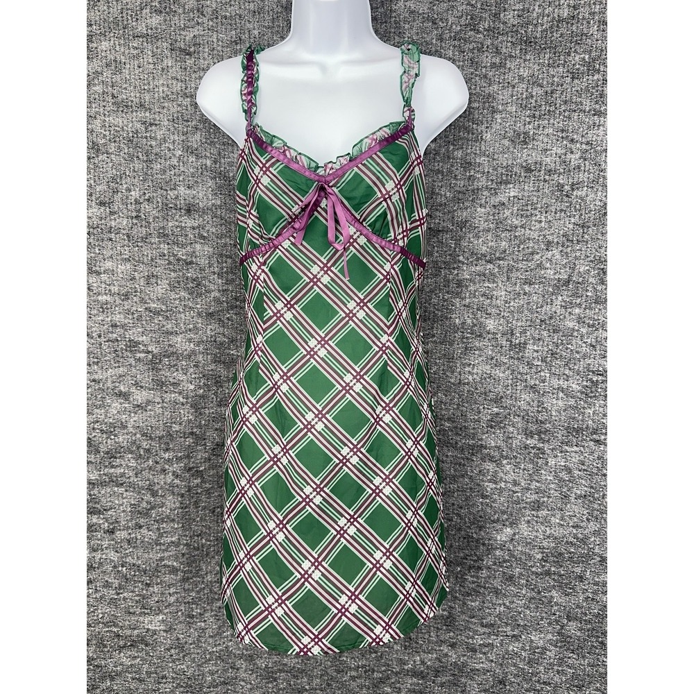 Cider Dress Womens L Green Plaid V Neck Satin Slip Mini Bow Strappy Ruffle Trim